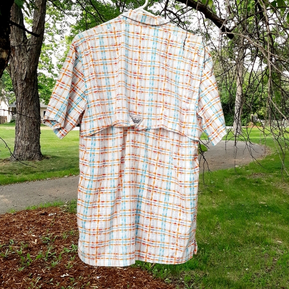 Columbia PFG Orange Fish Print Plaid Button Down Shirt - Size Medium - Picture 8 of 8